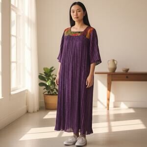 Premier Intimates OSFM VTG House Dress MuuMuu Purple Crinkle w/ Aztec Sq Neck